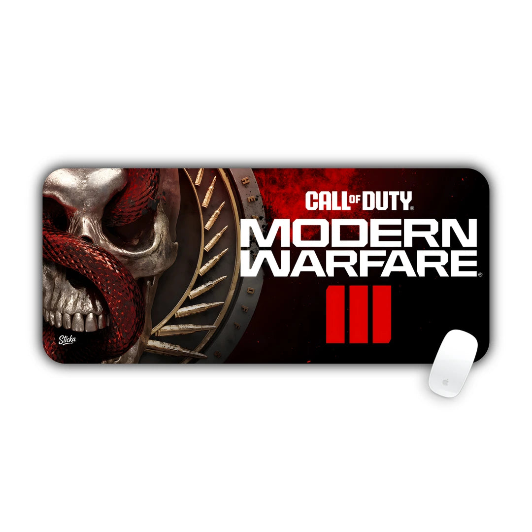 Metallic skull and serpent emblem with wings on a black background with red smoke desk pad 70x30