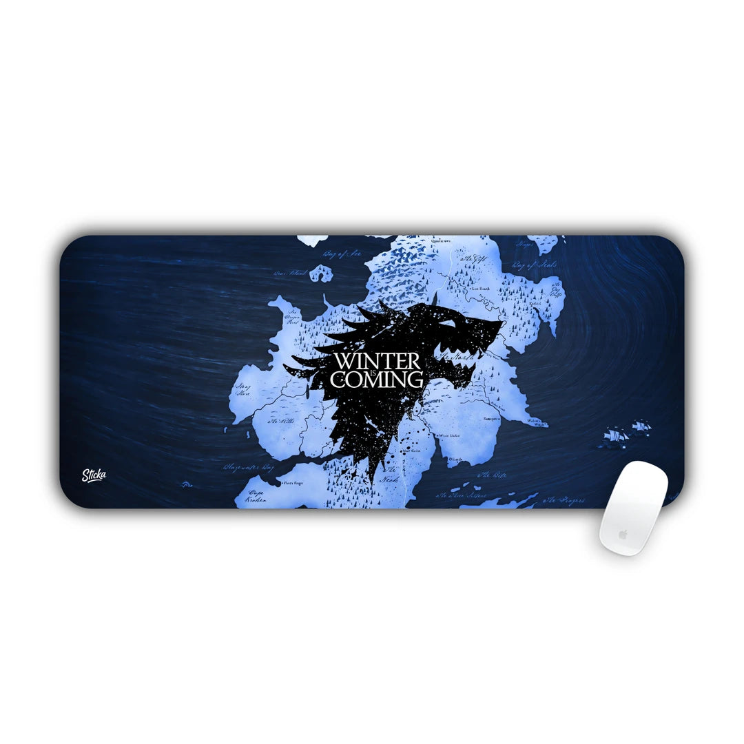 House Stark direwolf sigil with Winter is Coming motto on a blue map desk pad 70x30