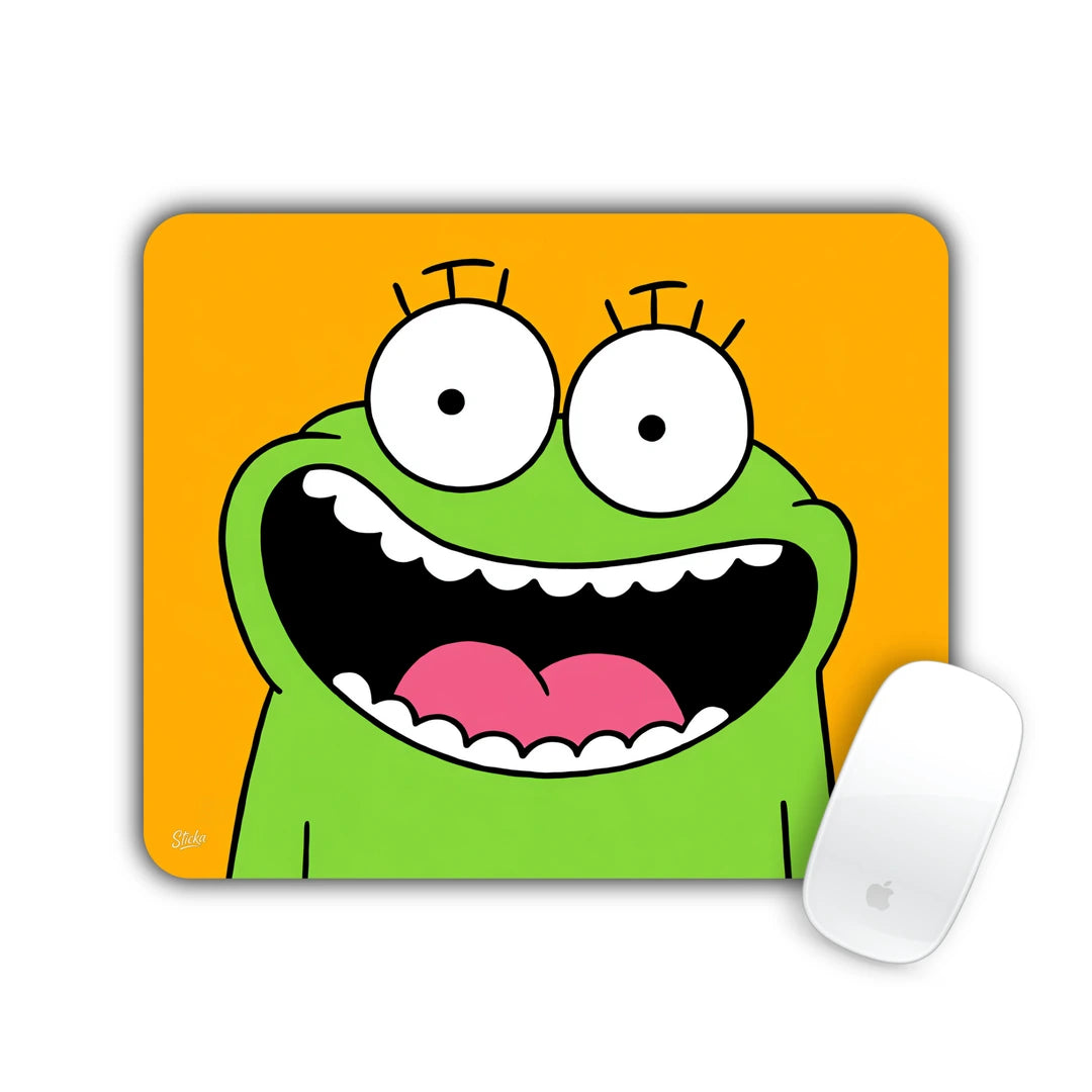 Green cartoon frog laughing with a big open mouth on orange mouse pad 23x19