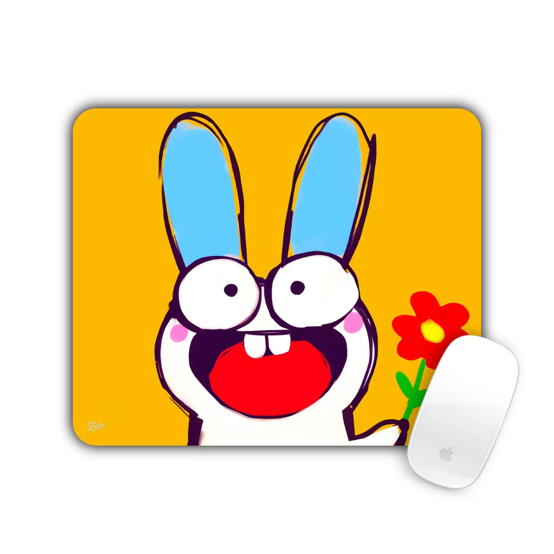 Excited white bunny holding a red flower on orange mouse pad 23x19