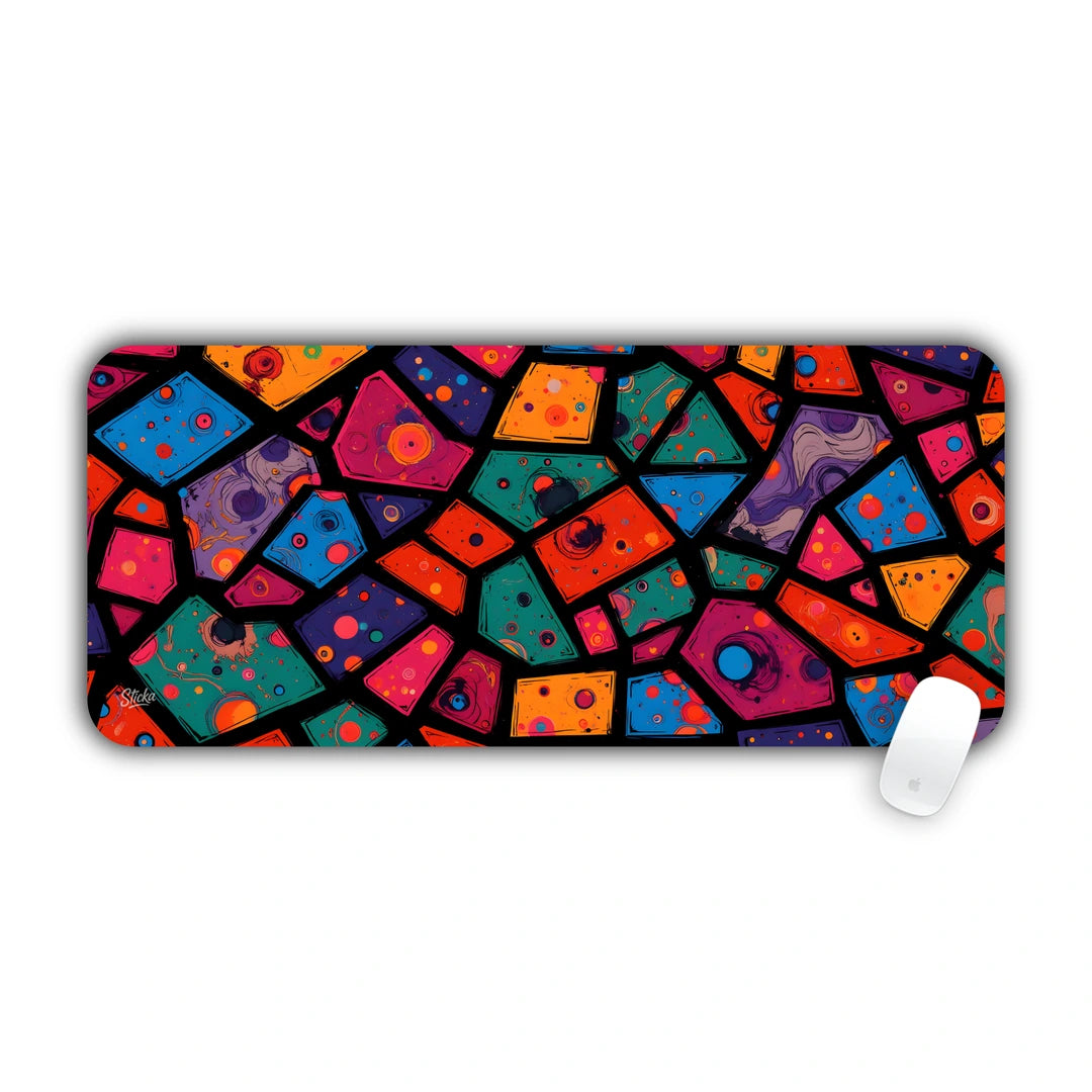 Vibrant abstract stained glass mosaic pattern with colorful geometric segments desk pad 70x30