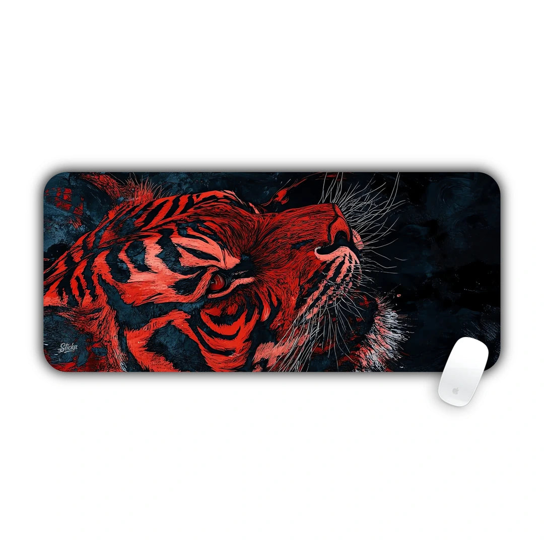 Detailed illustration of a fierce roaring tiger head rendered in crimson red and black desk pad 70x30