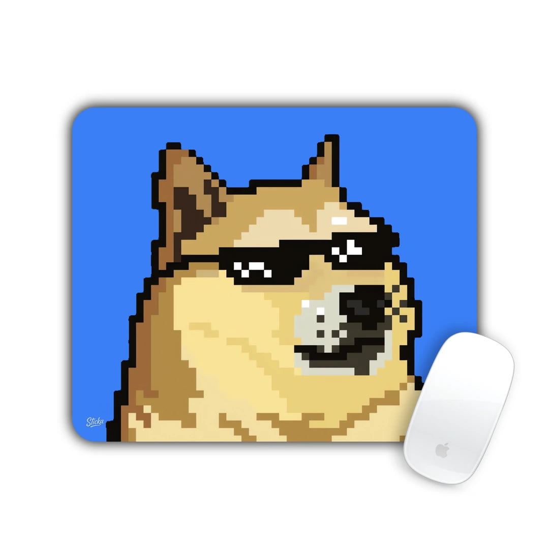 Pixel art shiba dog wearing pixel sunglasses on blue mouse pad 23x19