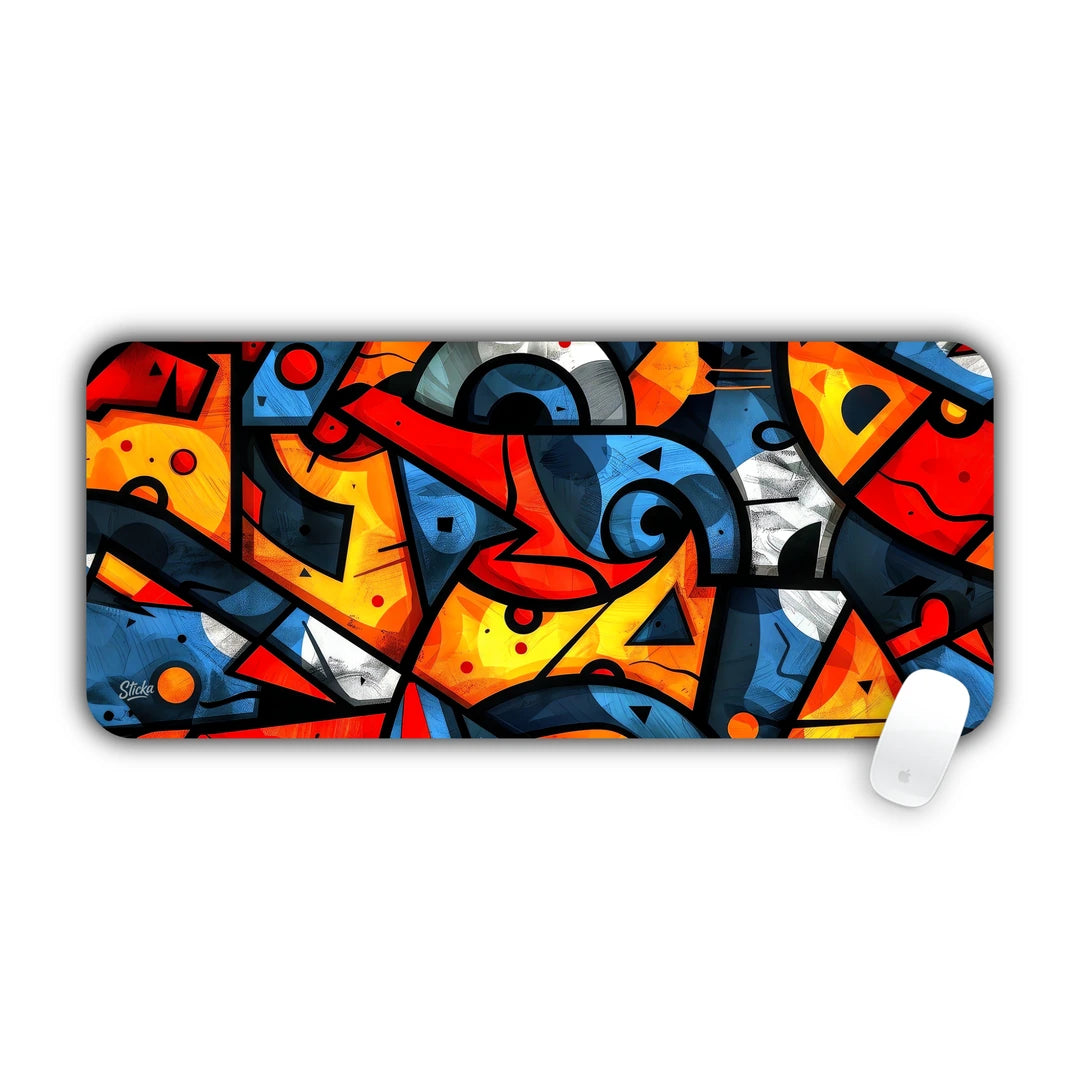 Vibrant urban graffiti abstract artwork with bold black outlines and colorful comic shapes desk pad 70x30
