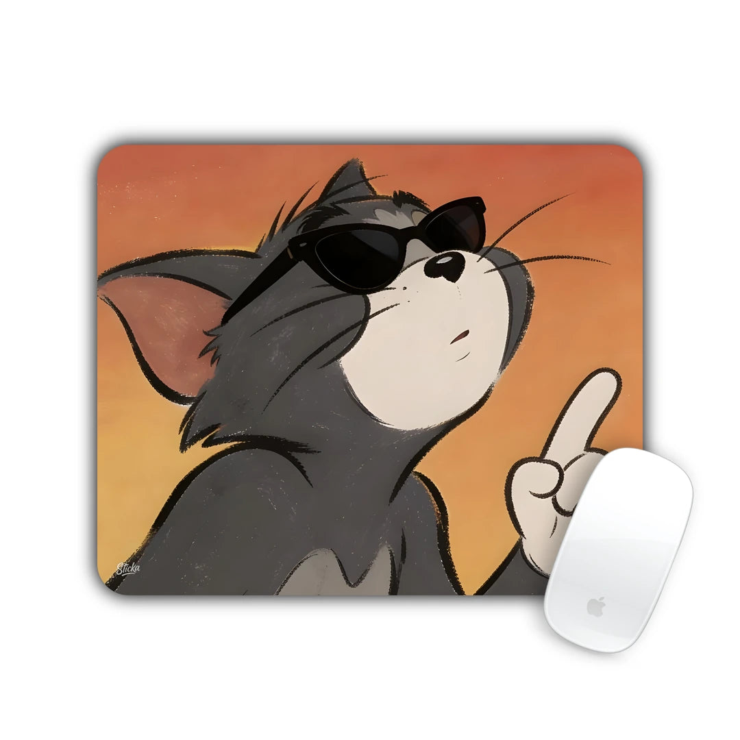 Grey cartoon cat in sunglasses raising a finger on orange mouse pad 23x19