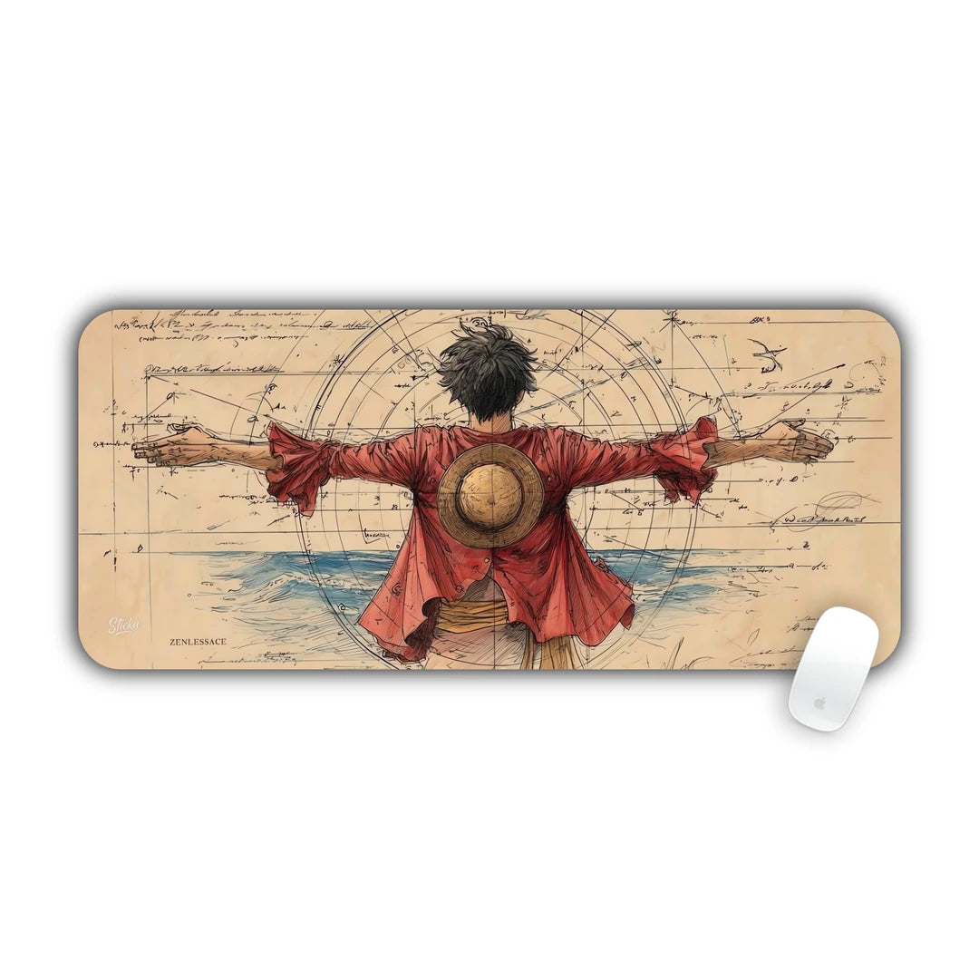 Vintage nautical Da Vinci style sketch of an anime pirate captain facing the sea with arms outstretched desk pad 70x30