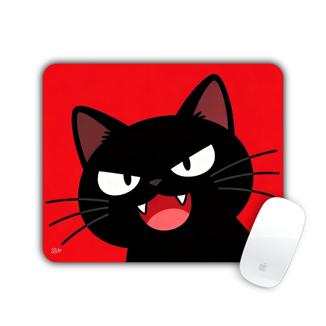 Black cartoon cat with a mischievous grin on red mouse pad 23x19