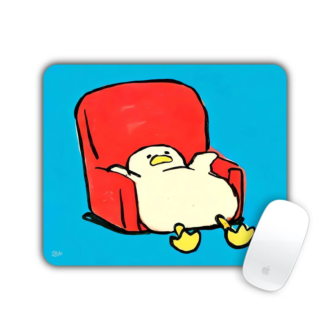 Chubby white chick lounging in a red armchair on blue mouse pad 23x19