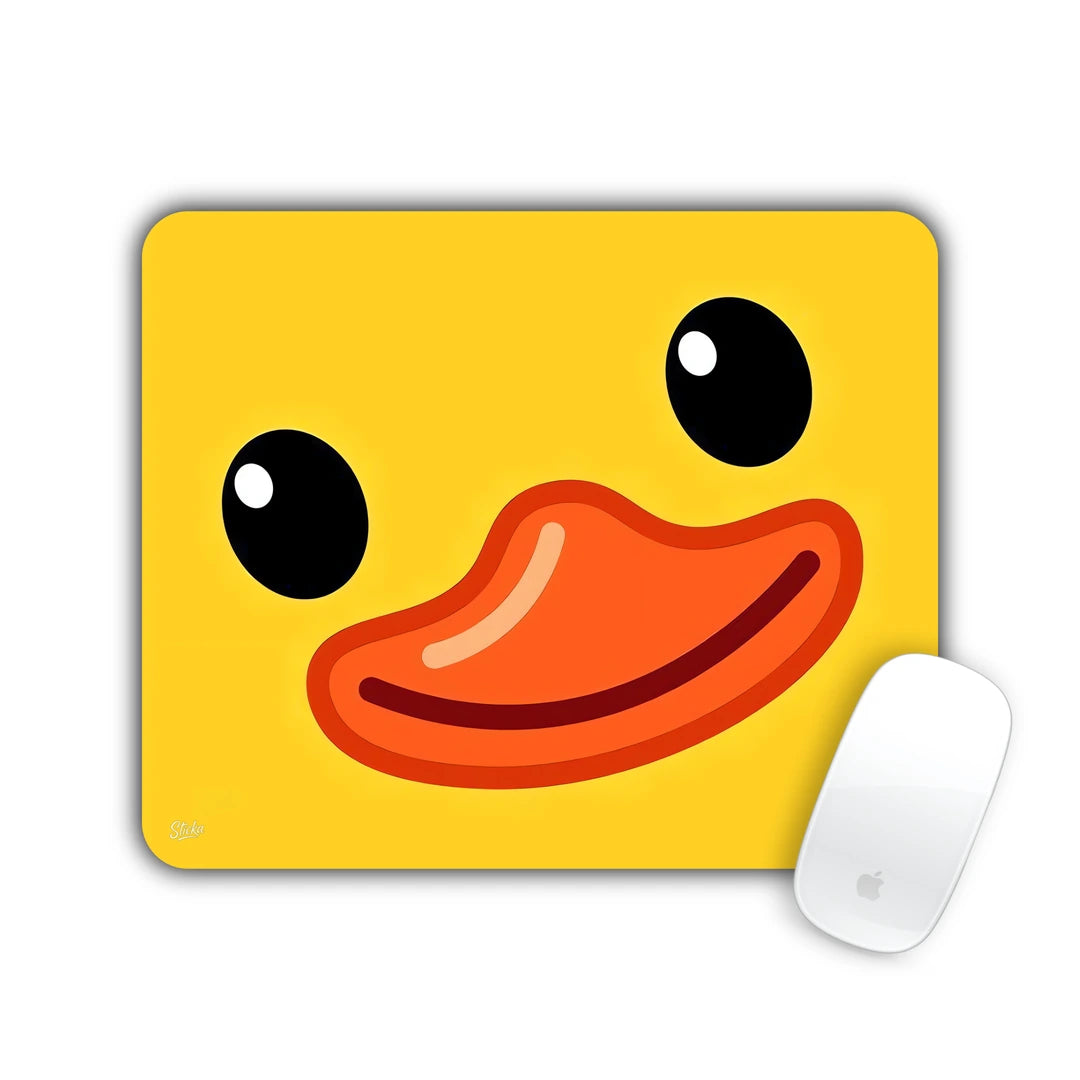 Close-up of a smiling yellow duck face with orange beak mouse pad 23x19