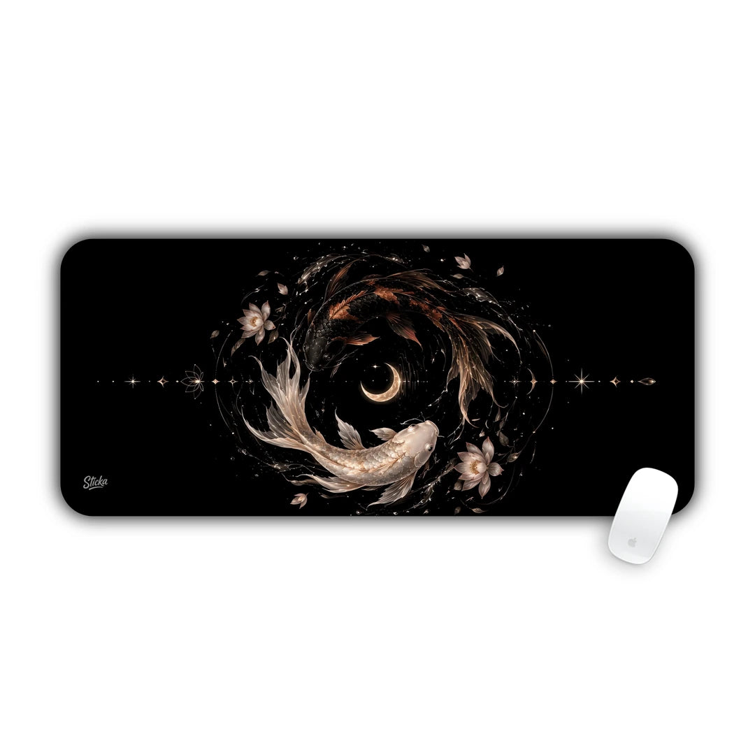 Elegant koi fish swimming in a circular motion around a crescent moon and water lilies on black desk pad 70x30