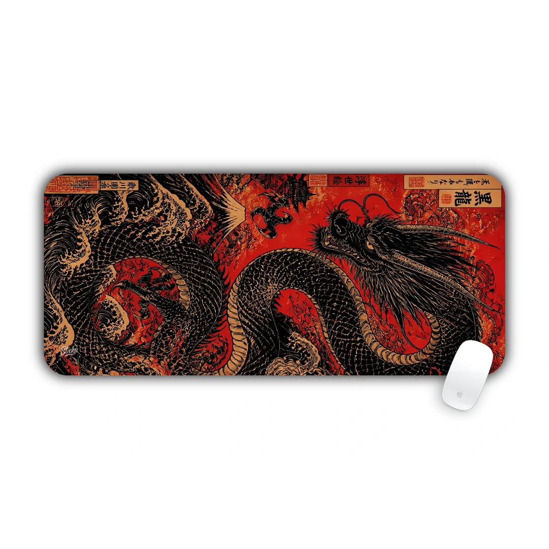 Traditional Japanese black dragon twisting through great ocean waves on a red textured background desk pad 70x30
