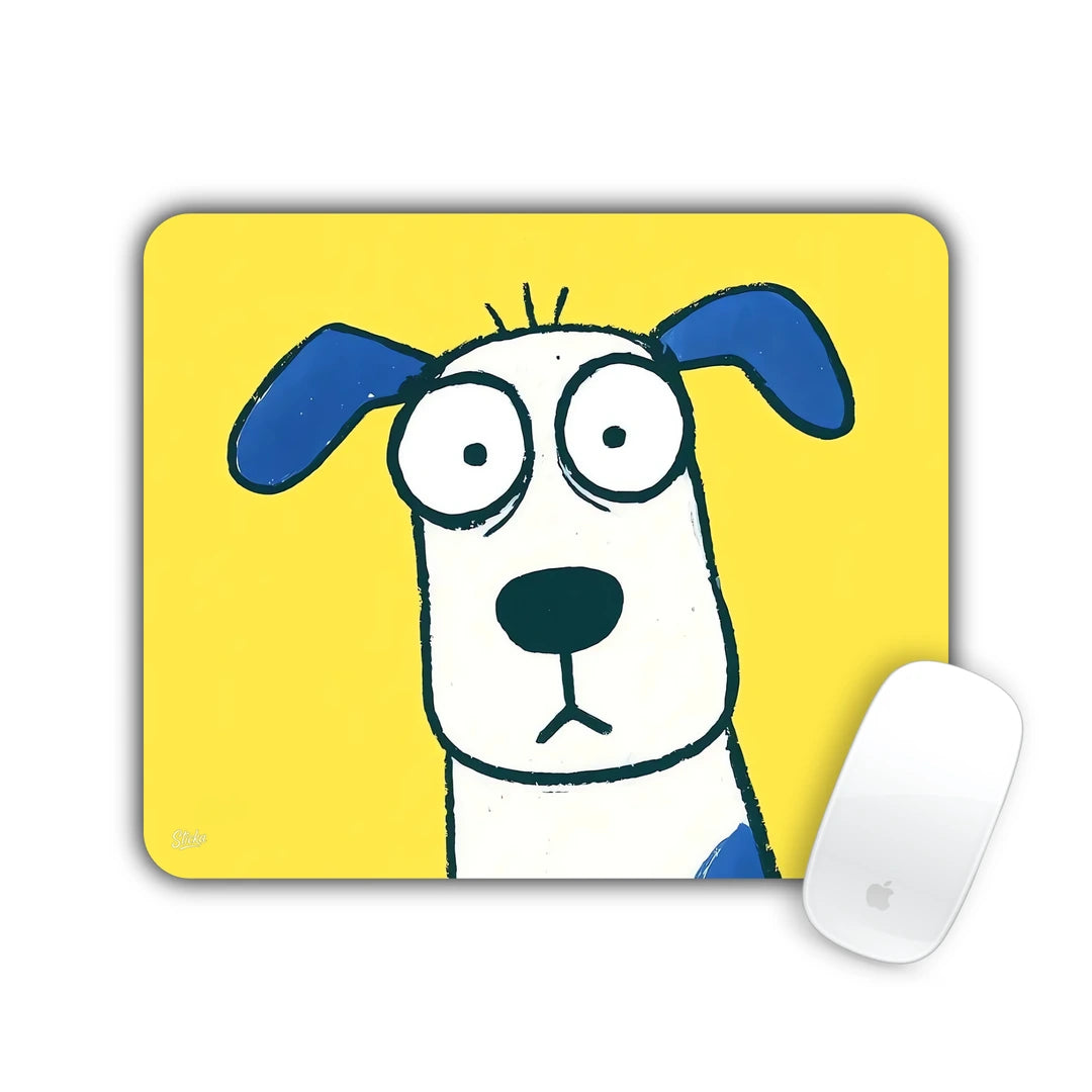 White cartoon dog with blue ears looking worried on yellow mouse pad 23x19
