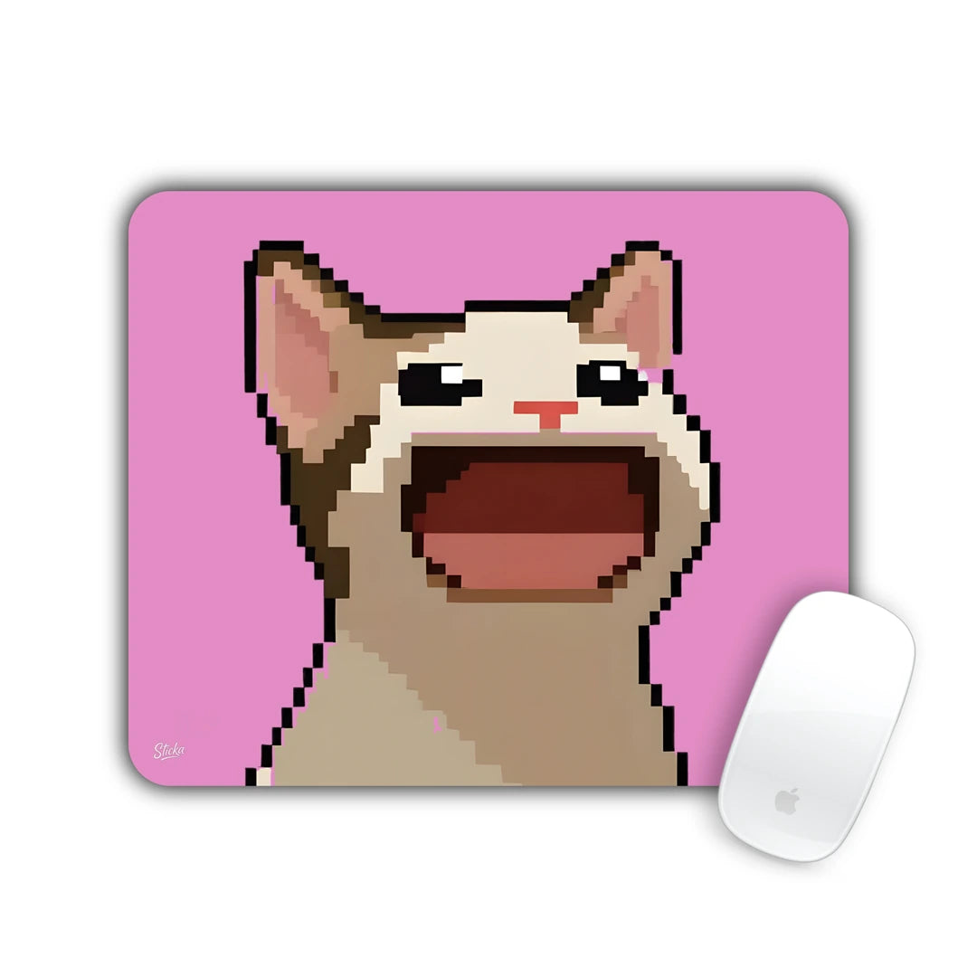 Pixel art cat with mouth wide open on a pink background mouse pad 23x19