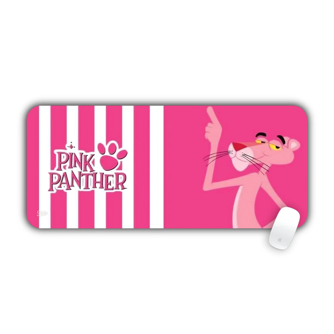Pink Panther leaning against pink and white vertical stripes desk pad 70x30