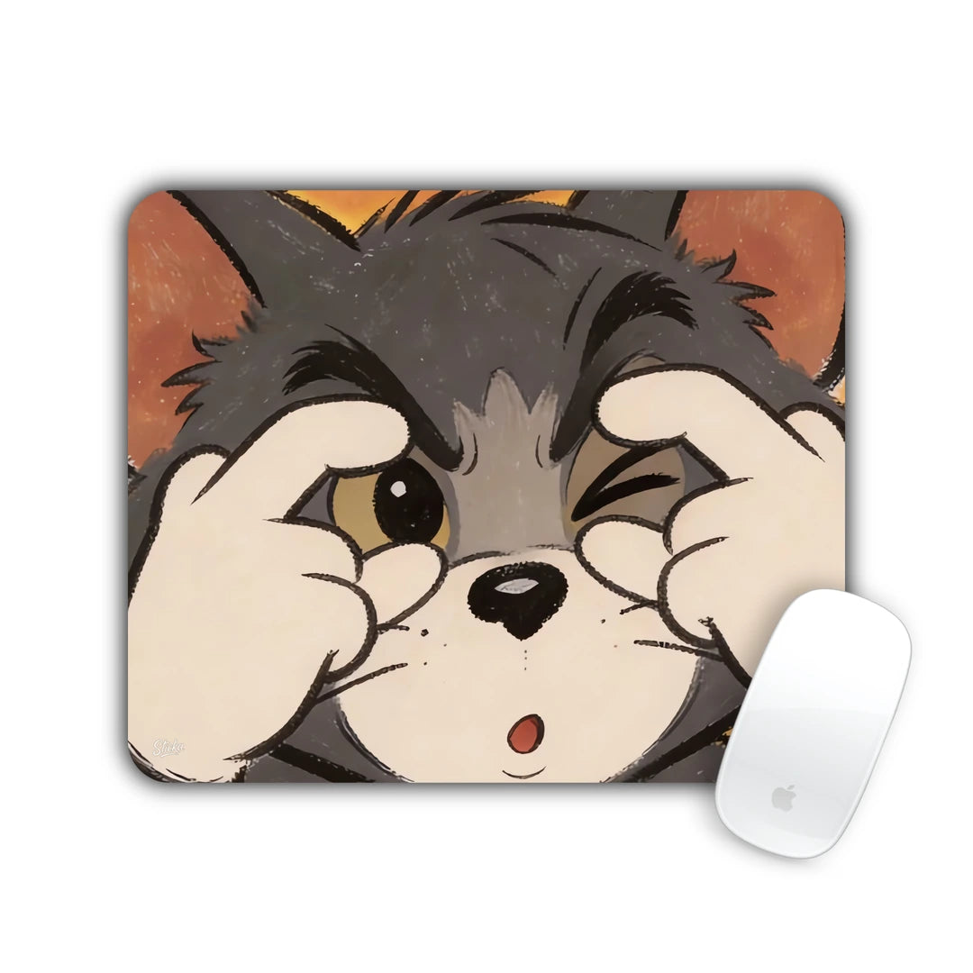 Grey cartoon cat making binoculars with its hands mouse pad 23x19
