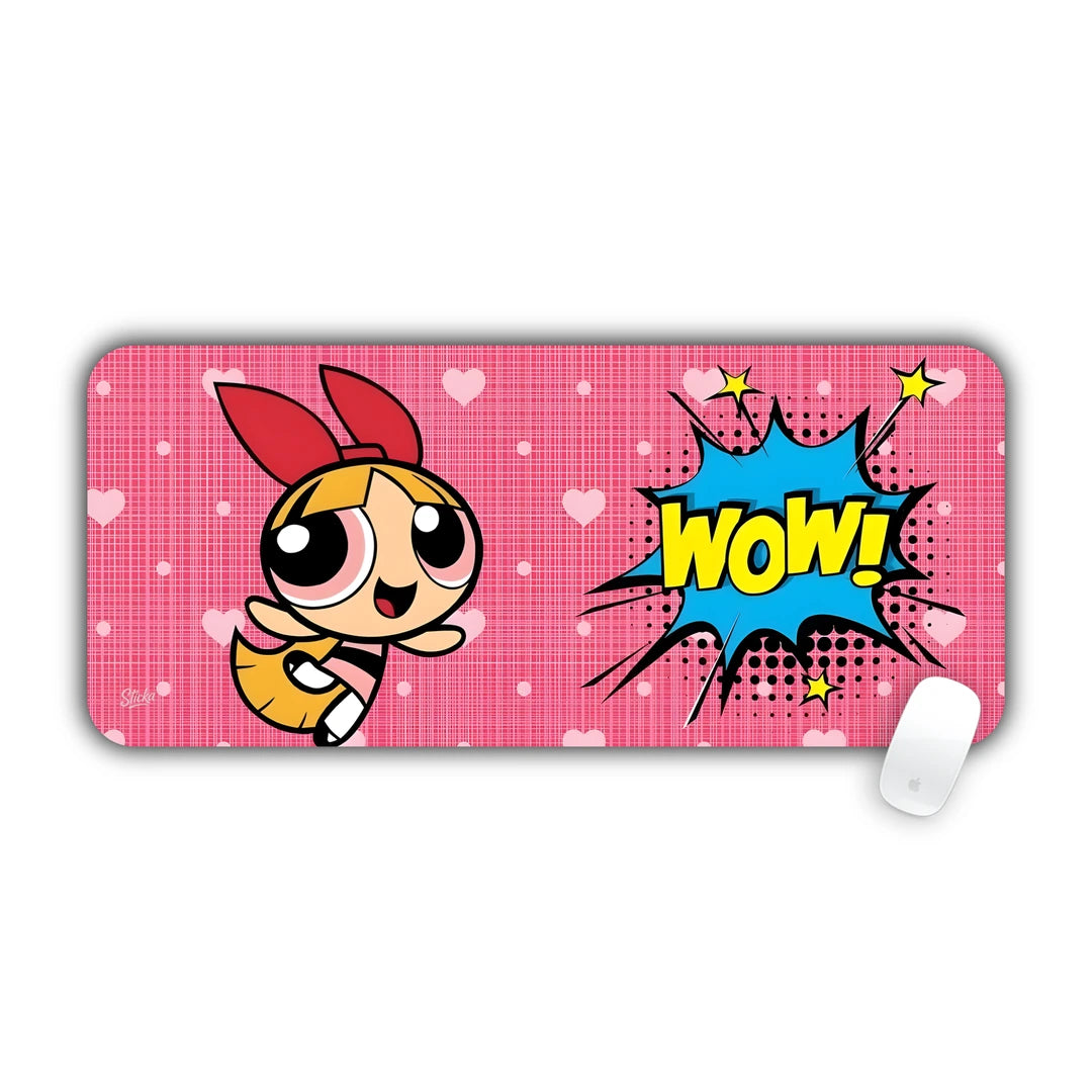 Blossom from Powerpuff Girls flying with comic WOW burst on pink background desk pad 70x30
