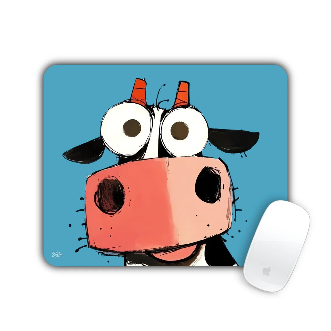 Cartoon cow with a big pink nose and googly eyes on blue mouse pad 23x19