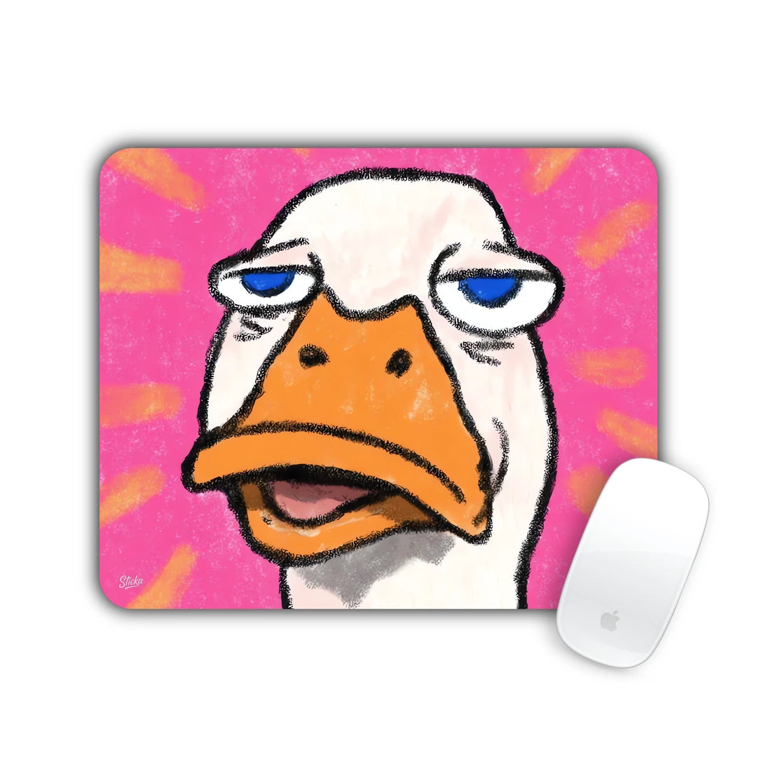 White goose with droopy blue eyes on a hot pink background mouse pad 23x19