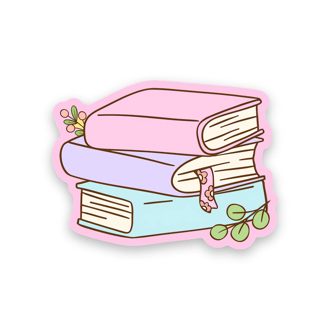 Stack of cozy pastel colored books with leafy sprigs sticker sticker