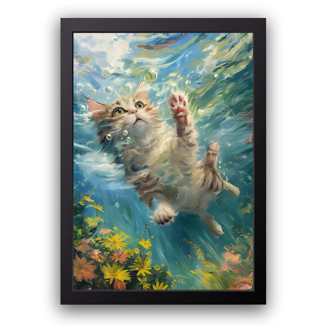 Swimming Cat animal poster in black frame