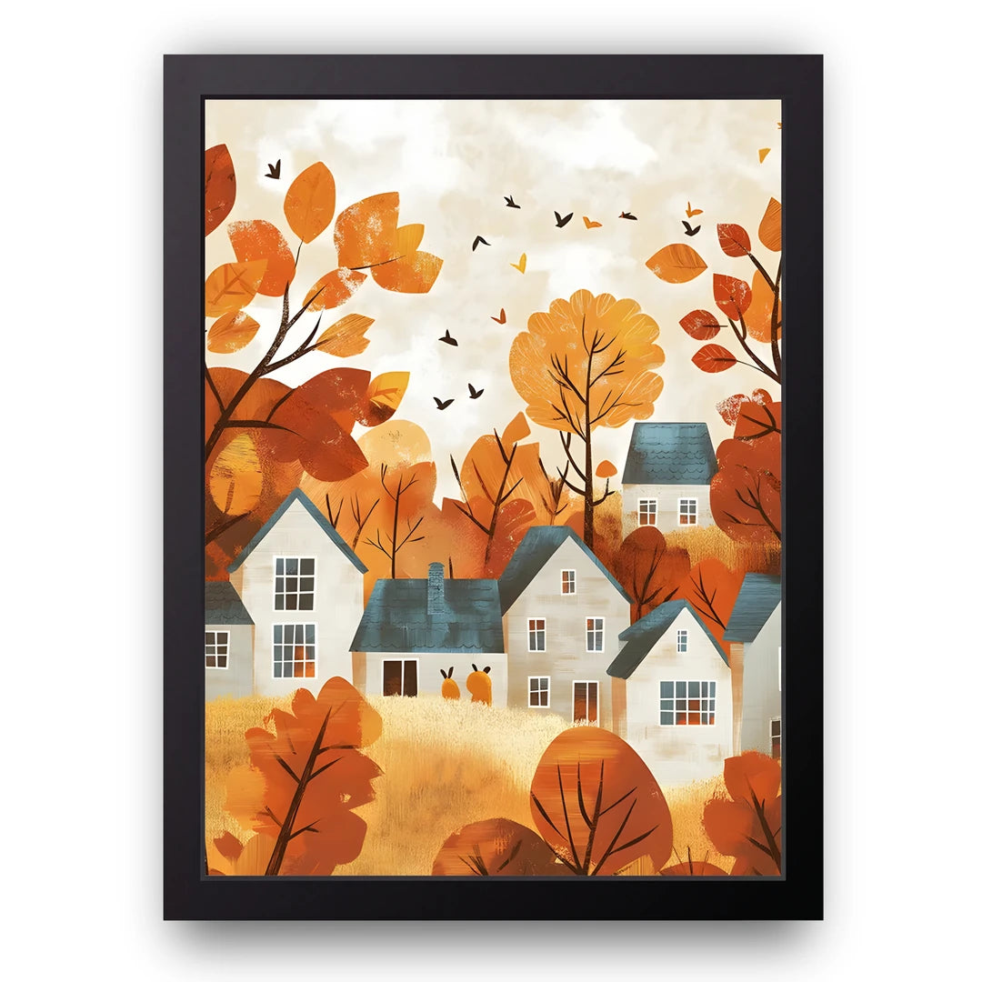 Autumn Village art poster in black frame