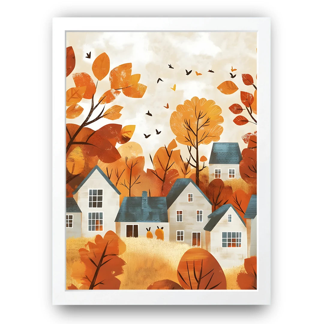 Autumn Village art poster in white frame