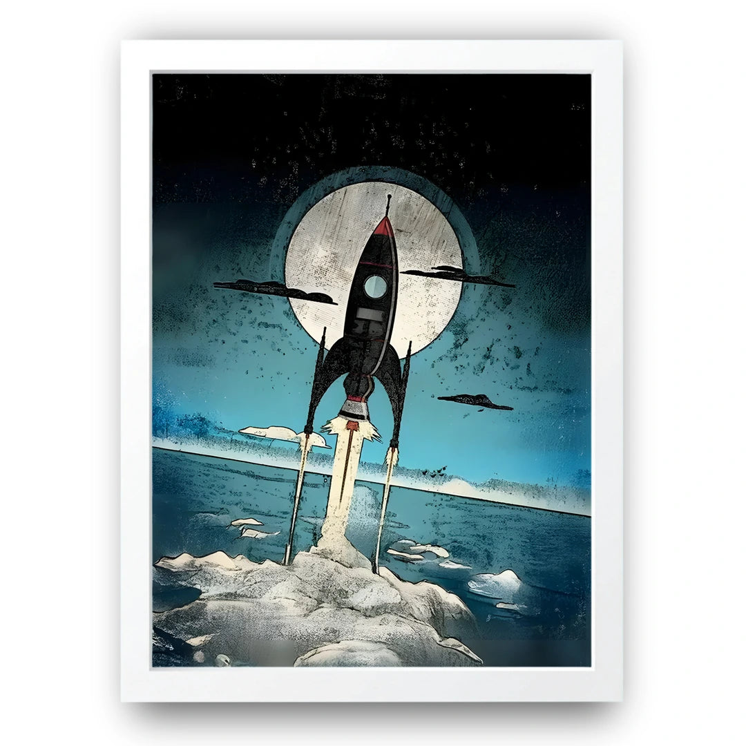 Rocket Rise art poster in white frame