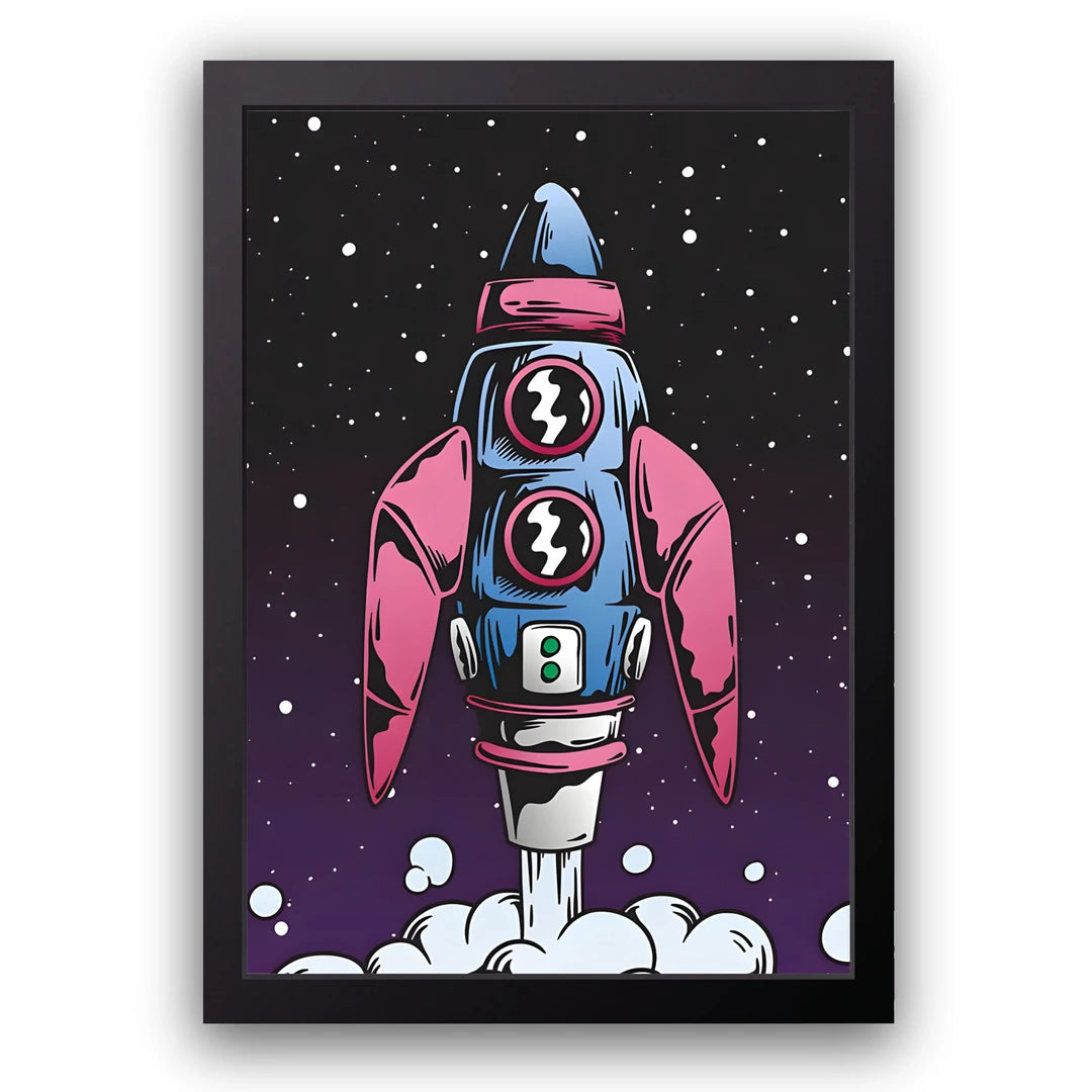 Pop Rocket cartoon poster in black frame
