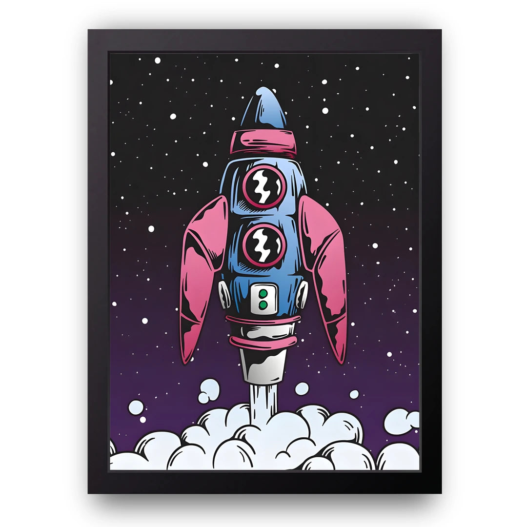 Pop Rocket cartoon poster in black frame