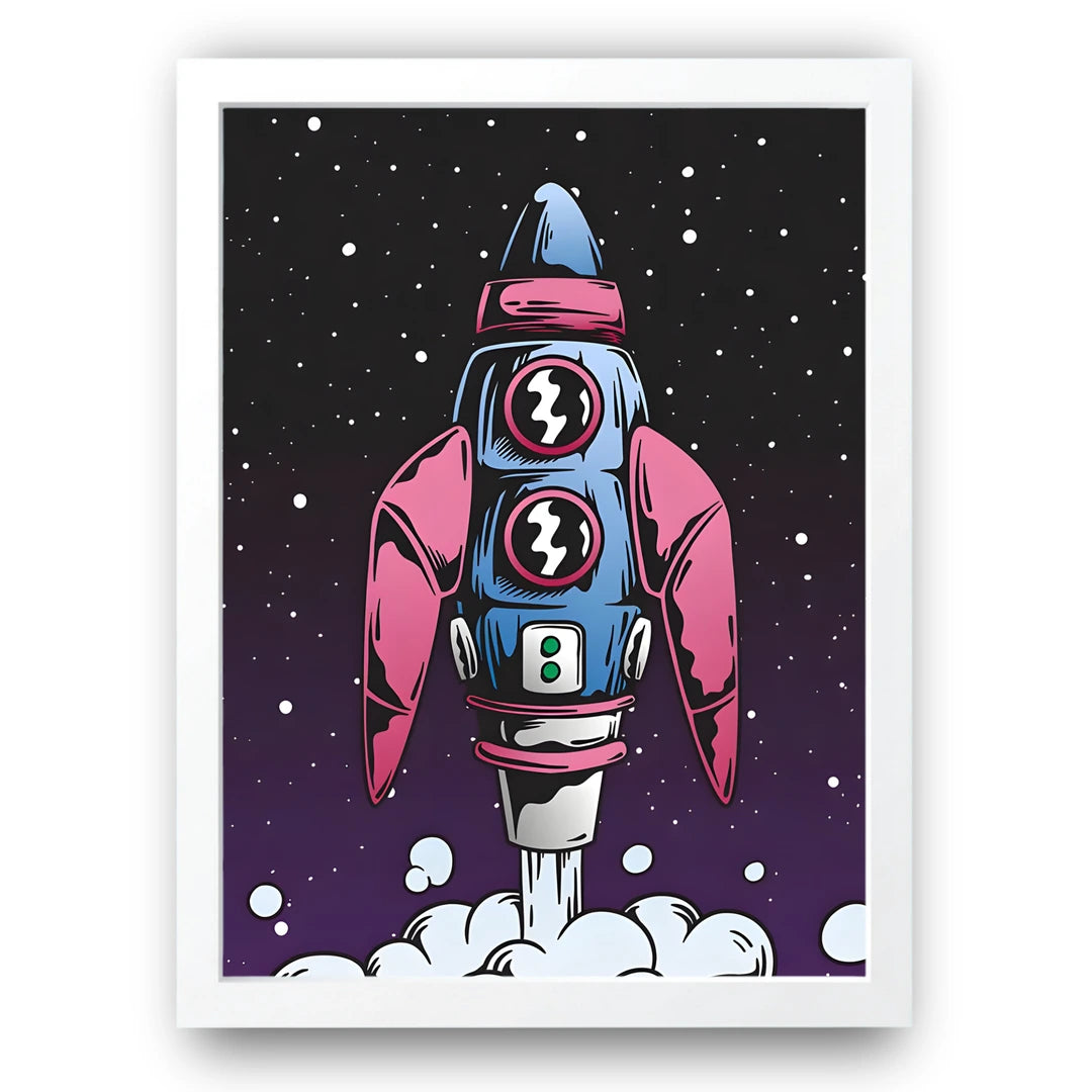 Pop Rocket cartoon poster in white frame