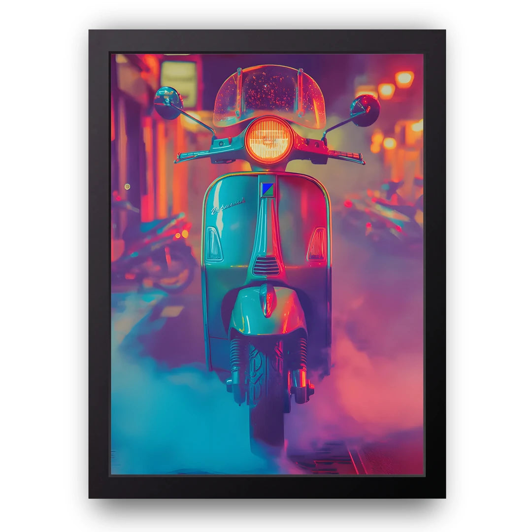 Neon Scooter retro poster in black frame