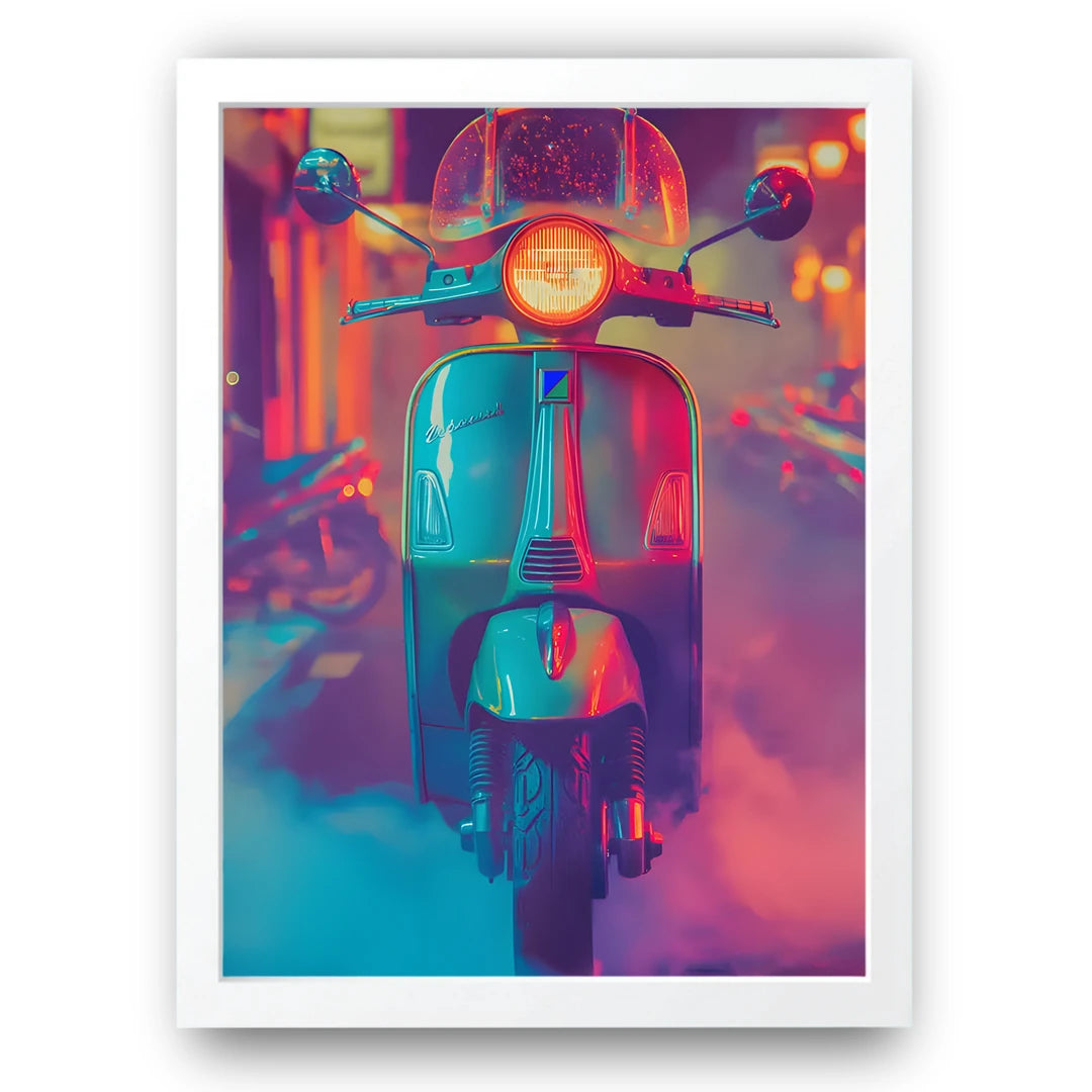 Neon Scooter retro poster in white frame