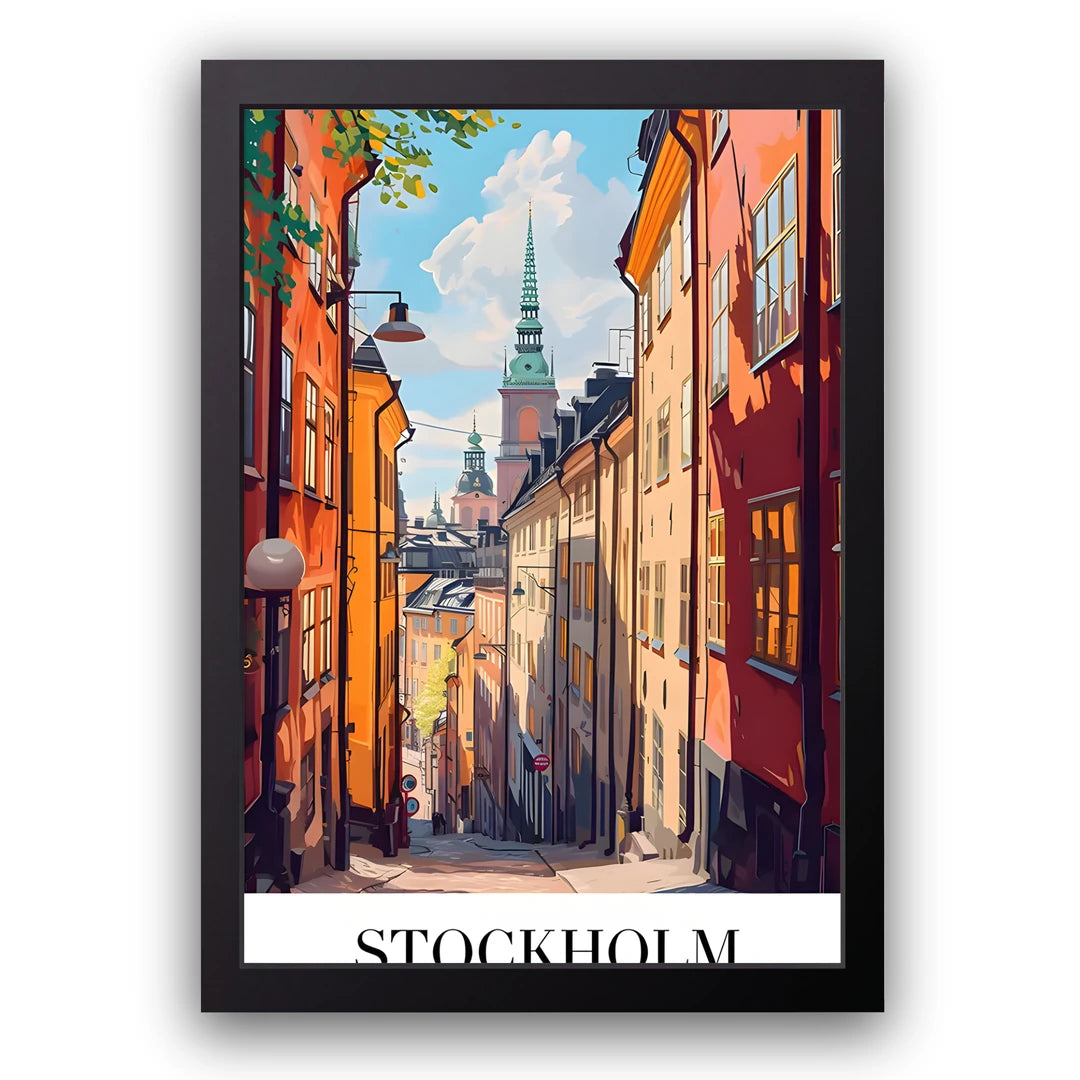 Stockholm travel poster in black frame