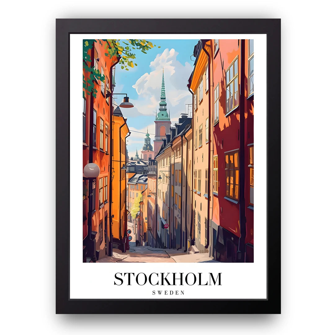Stockholm travel poster in black frame