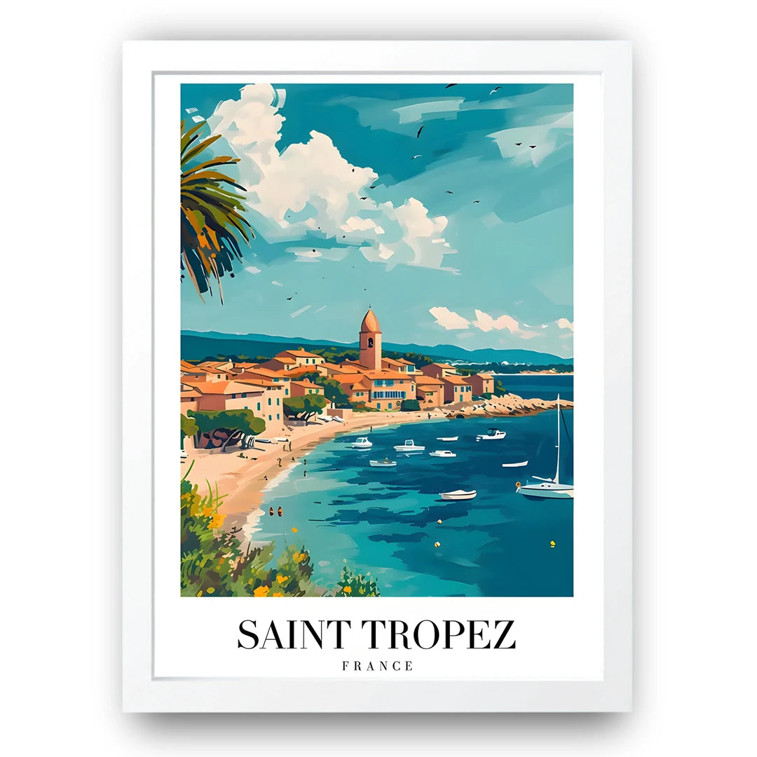 Saint Tropez travel poster in white frame
