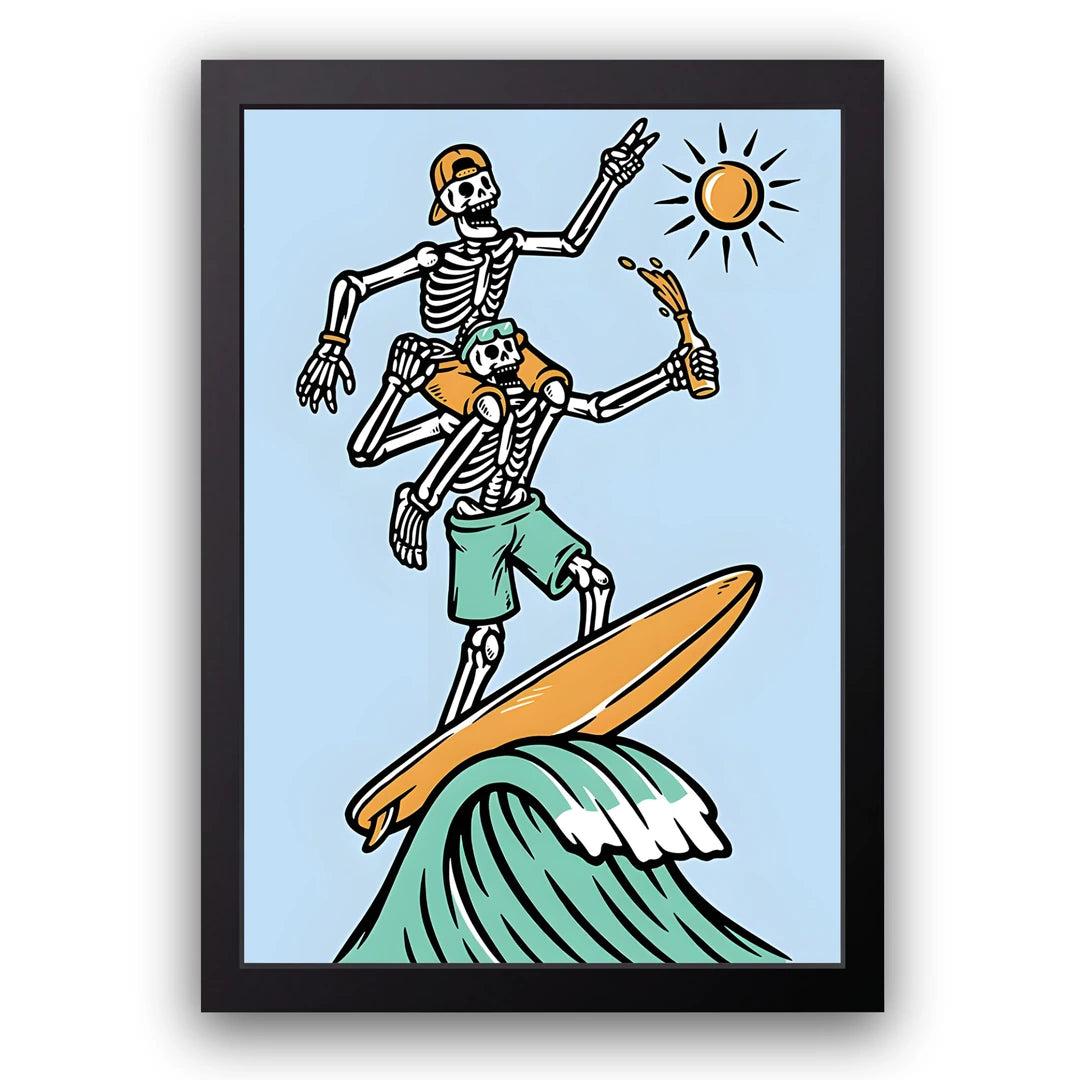 Surfing Skeleton cartoon poster in black frame