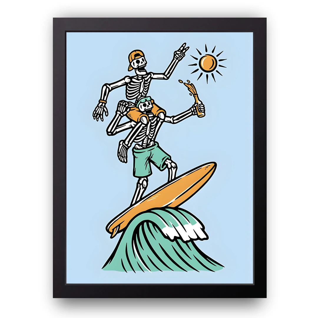 Surfing Skeleton cartoon poster in black frame