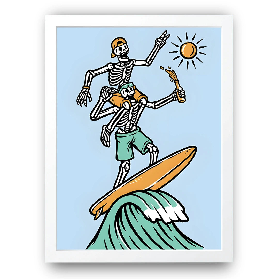 Surfing Skeleton cartoon poster in white frame
