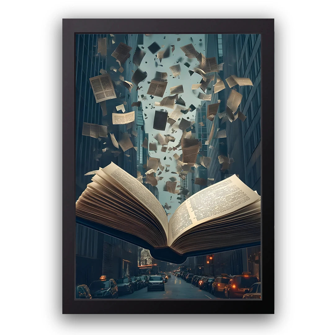 Open Book City art poster in black frame