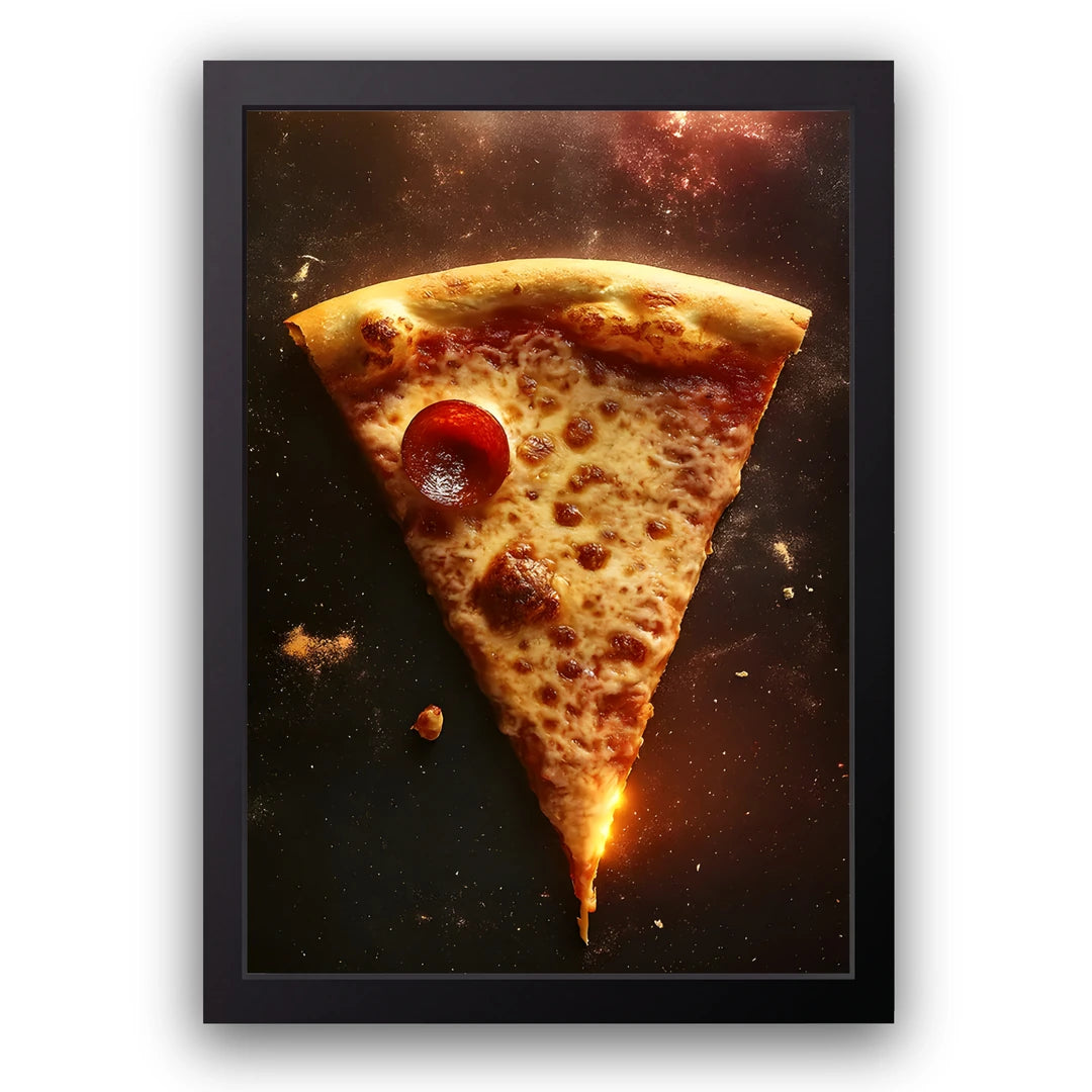 Space Pizza art poster in black frame
