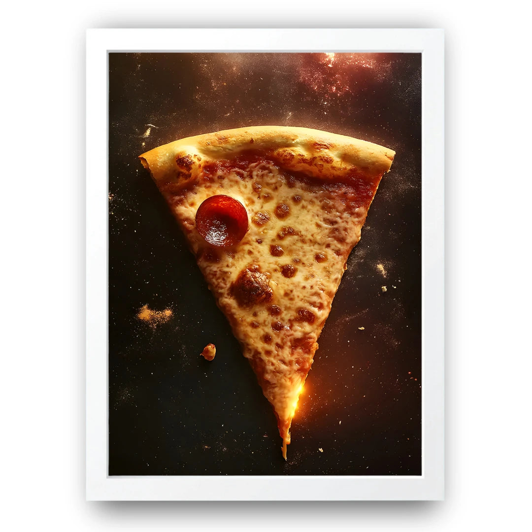 Space Pizza art poster in white frame