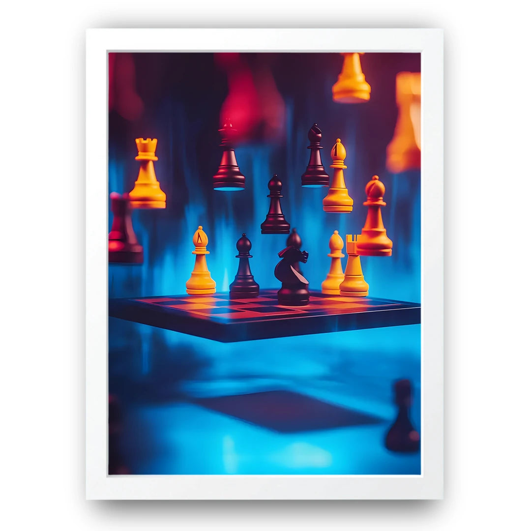 Neon Chess art poster in white frame