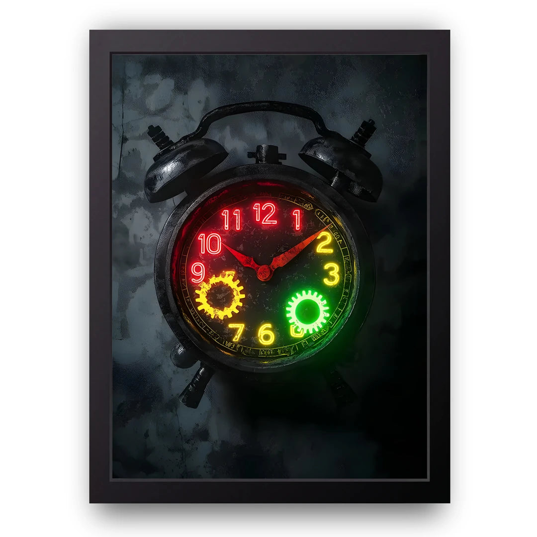 Neon Clock retro art poster in black frame