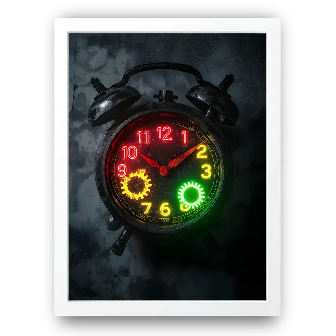 Neon Clock retro art poster in white frame