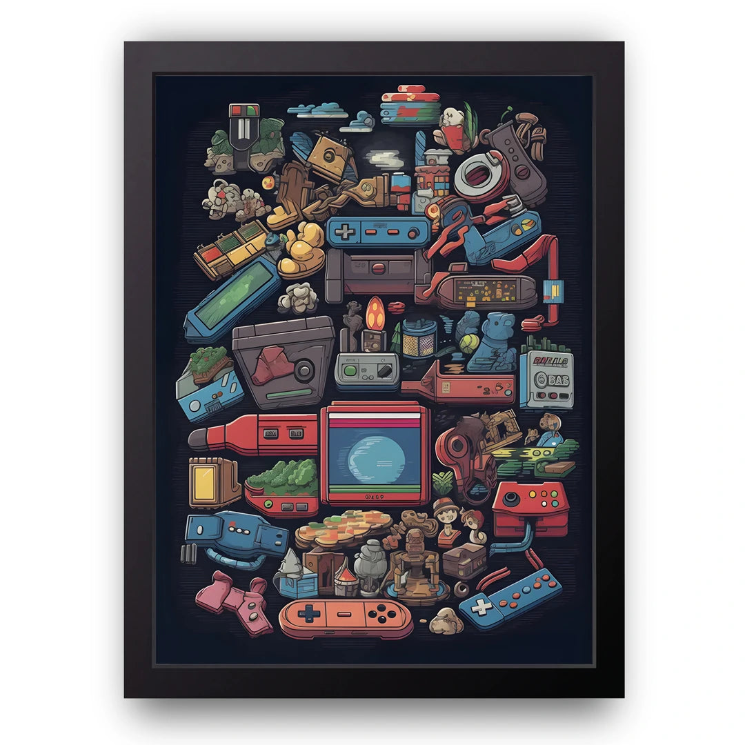 Retro gaming consoles pixel art poster in black frame