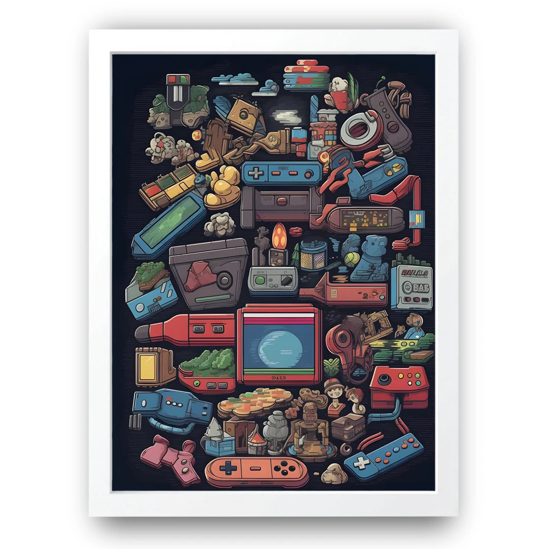 Retro gaming consoles pixel art poster in white frame