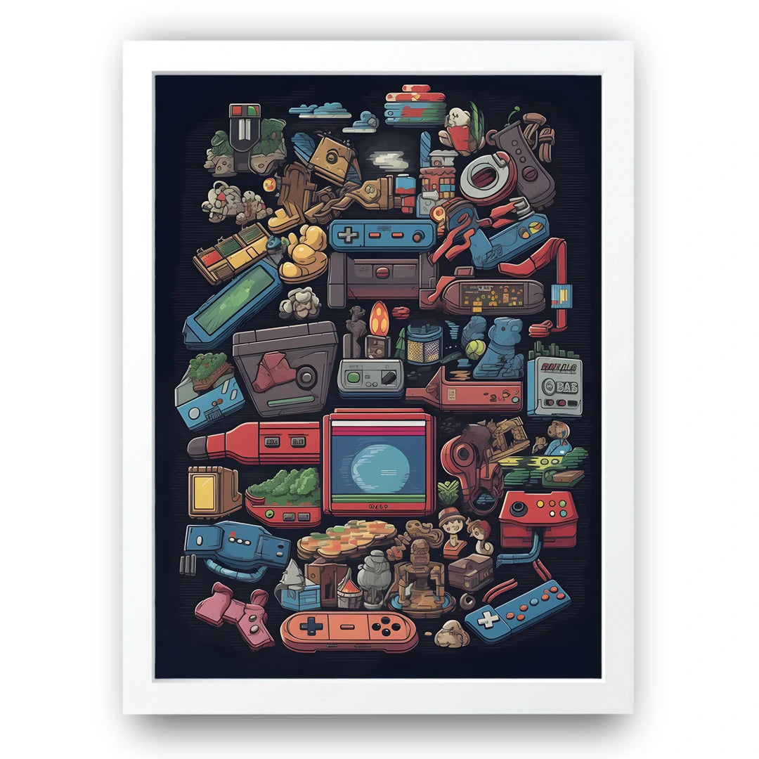 Retro gaming consoles pixel art poster in white frame