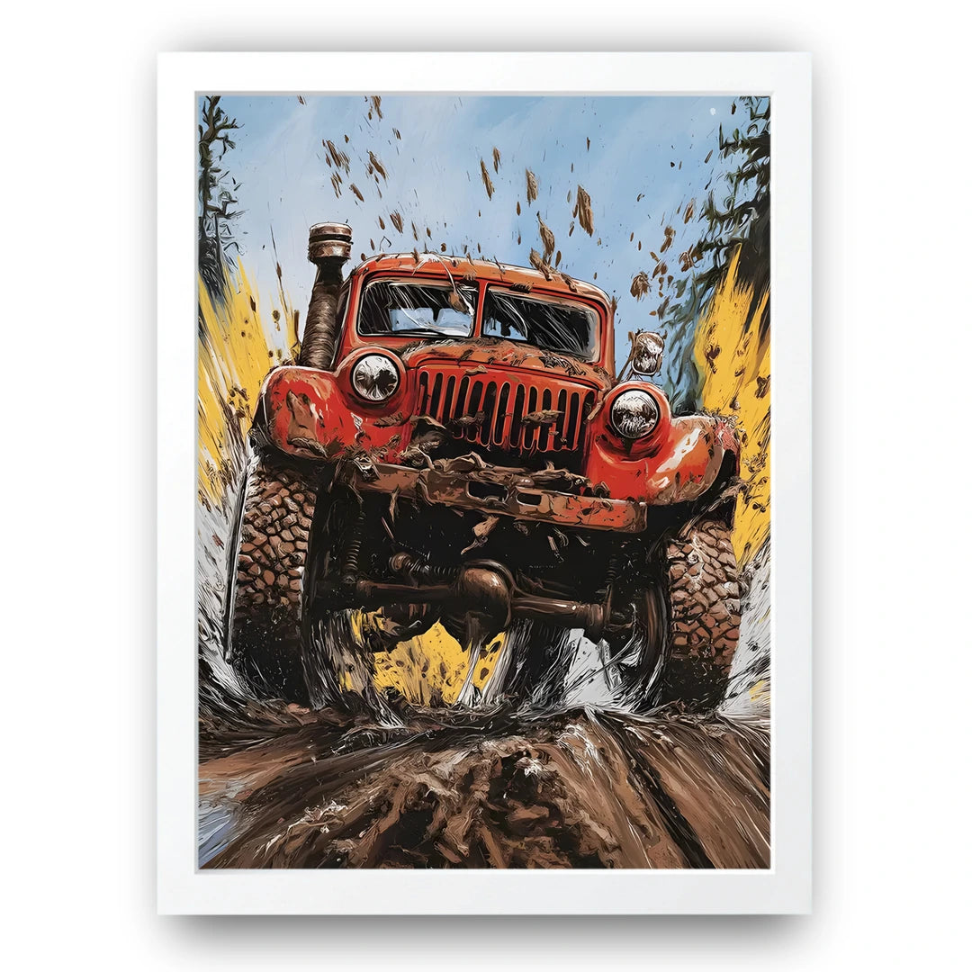 Mud Runner off-road car poster in white frame