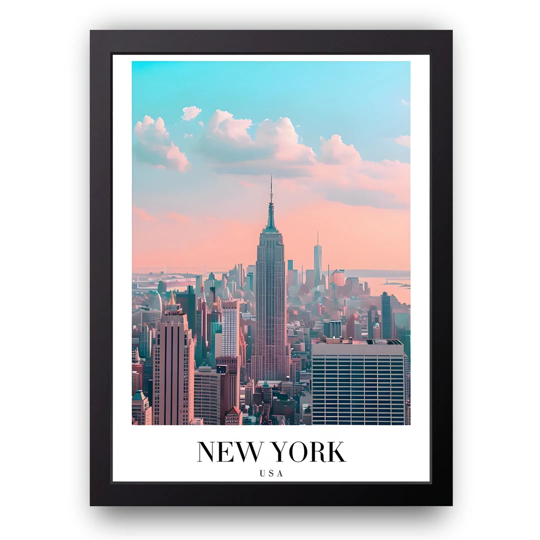 New York Skyline travel poster in black frame