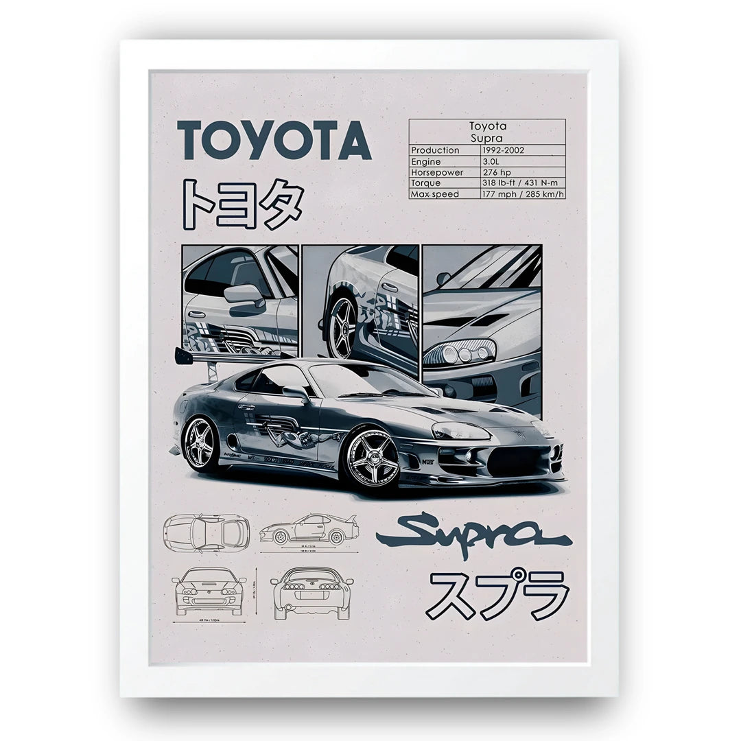 Toyota Supra Blueprint car poster in white frame